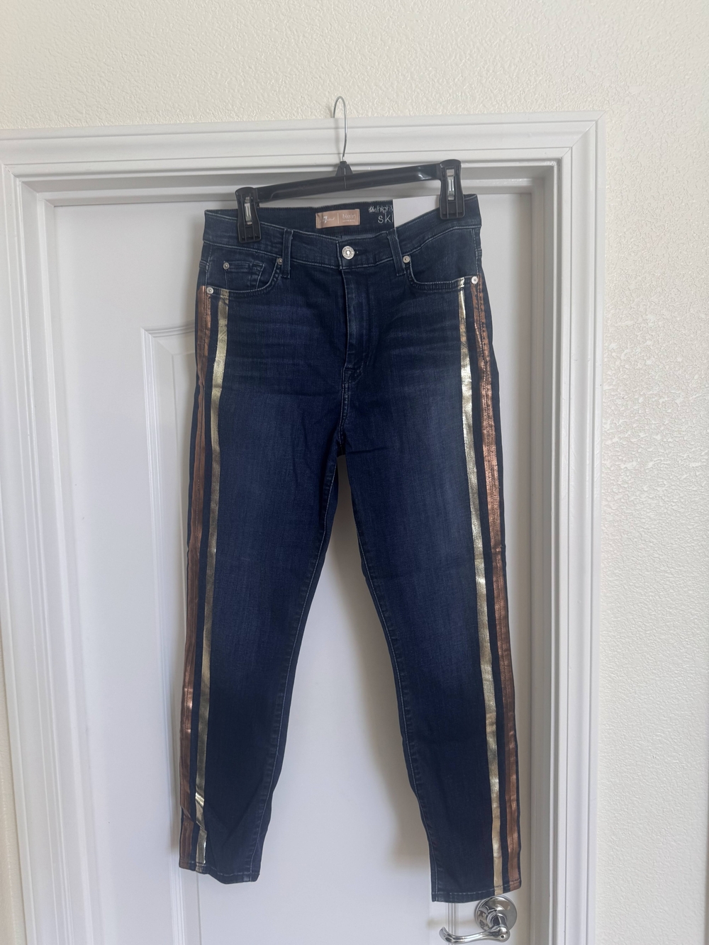7 For All Mankind Dark Blue Skinny Jeans with Gold and Bronze Side Stripes